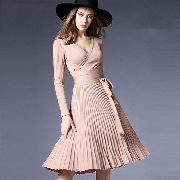 casual dresses women elegant v neck pleated wrap a-line knitted dress 2021 bow tie sashes female autumn spring slim vestidos black pink, Black;gray
casual dresses women elegant v neck pleated wrap a-line knitted dress 2021 bow tie sashes female autumn spring slim vestidos black pink, Black;gray