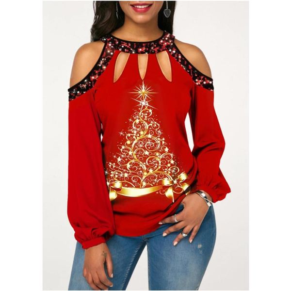 women's blouses & shirts christmas women long sleeves off shoulder hollow out tee fashion tree print elegant plus size, White
women's blouses & shirts christmas women long sleeves off shoulder hollow out tee fashion tree print elegant plus size, White