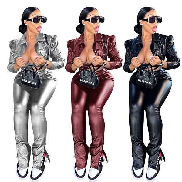 2021 new black pu leather two piece outfits women clothes winter club suits cropped jacket and split trousers a30c, Gray
2021 new black pu leather two piece outfits women clothes winter club suits cropped jacket and split trousers a30c, Gray