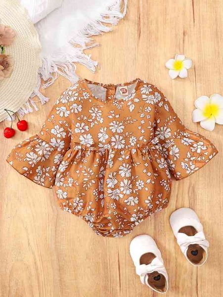 baby floral print flounce sleeve bow front bodysuit she, Blue 
baby floral print flounce sleeve bow front bodysuit she, Blue