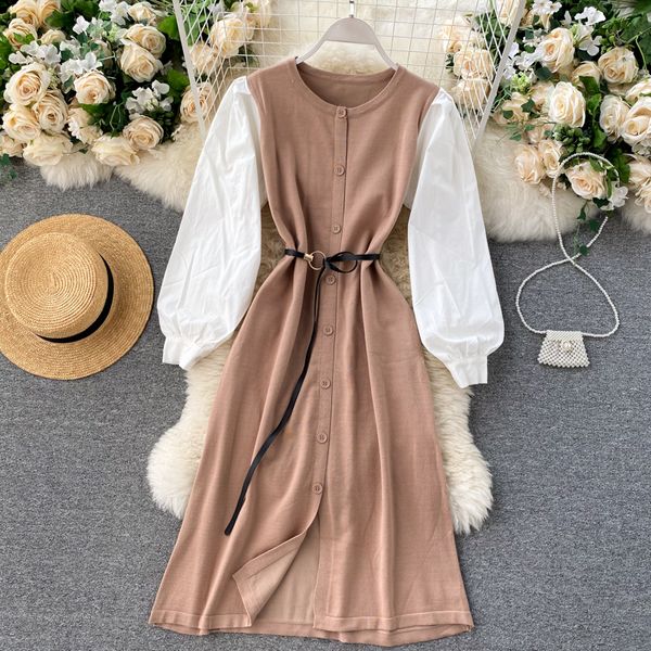 design knitted dress women french splice puff sleeve o neck button a-line dress elegant solid slim autumn winter dress, White;black
design knitted dress women french splice puff sleeve o neck button a-line dress elegant solid slim autumn winter dress, White;black