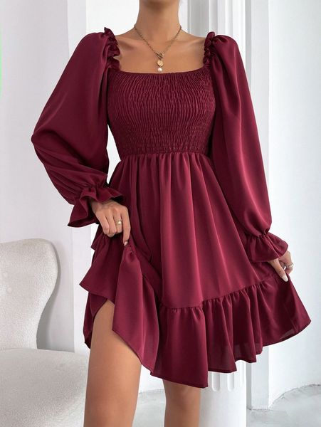 square neck shirred bodice flounce sleeve ruffle hem dress s0uw#, Black;gray 
square neck shirred bodice flounce sleeve ruffle hem dress s0uw#, Black;gray