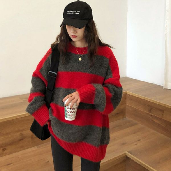 autumn womens sweater chic retro easy matching contrast color loose strip, White;black
autumn womens sweater chic retro easy matching contrast color loose strip, White;black