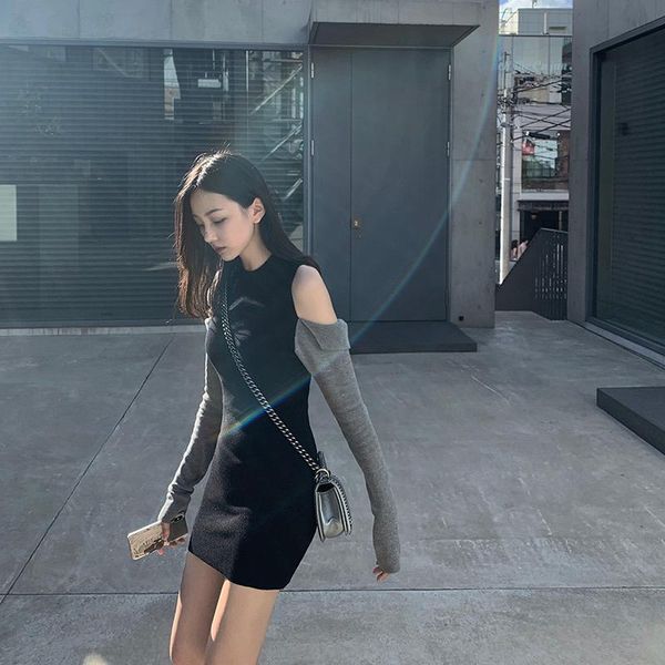 casual dresses han edition black women in the spring and autumn winter knitting dress little brief paragraph long sleeve cultivate one', Black;gray
casual dresses han edition black women in the spring and autumn winter knitting dress little brief paragraph long sleeve cultivate one', Black;gray