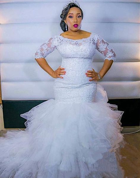 2021 africa long train mermaid wedding dresses ruffle skirt appliques lace half sleeve plus size bridal gowns boat neck vestidos de novia, White
2021 africa long train mermaid wedding dresses ruffle skirt appliques lace half sleeve plus size bridal gowns boat neck vestidos de novia, White