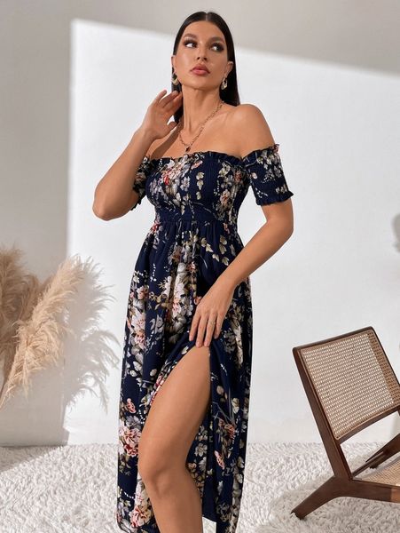 off shoulder shirred waist high split floral dress f5ro#, Black;gray 
off shoulder shirred waist high split floral dress f5ro#, Black;gray