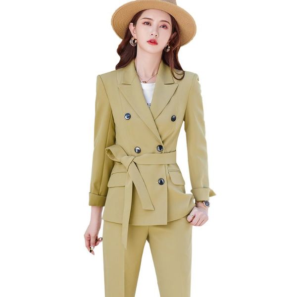 women's two piece pants spring autumn black green yellow women pant suit with sashes office ladies jacket blazer and trouser female for, White
women's two piece pants spring autumn black green yellow women pant suit with sashes office ladies jacket blazer and trouser female for, White