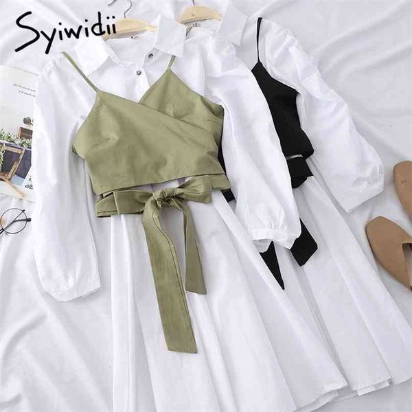 2 piece sets blouse dress for women a-line white puff sleeve shirt dresses with bow lace up green camis spring 210607, Black;gray
2 piece sets blouse dress for women a-line white puff sleeve shirt dresses with bow lace up green camis spring 210607, Black;gray