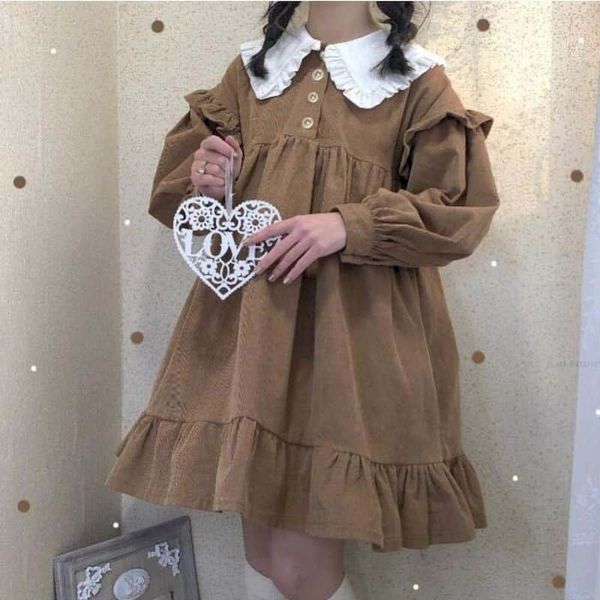 japanese winter women's clothes soft pretty girl lotus leaf glue long sleeve loose dress student girlfriend l3p9, Black;gray 
japanese winter women's clothes soft pretty girl lotus leaf glue long sleeve loose dress student girlfriend l3p9, Black;gray