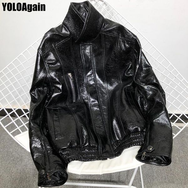 women's leather & faux yoloagain women genuine jacket ladies batwing sleeve patent, Black
women's leather & faux yoloagain women genuine jacket ladies batwing sleeve patent, Black