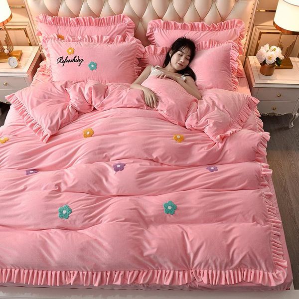 sheets & sets pink flower coral fleece soft and comfortable four-piece duvet cover sheet