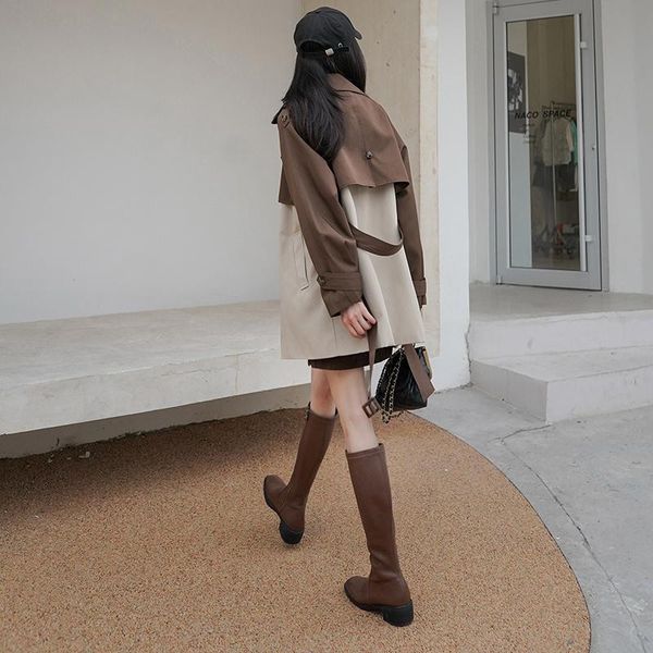 women's trench coats good spot data fall lapels contrast color mid-length coat, Tan;black 
women's trench coats good spot data fall lapels contrast color mid-length coat, Tan;black