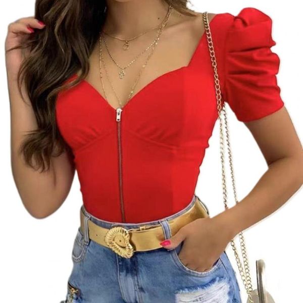 women's t-shirt women u neck puff sleeve female t shirt summer solid color zipper plus size, White
women's t-shirt women u neck puff sleeve female t shirt summer solid color zipper plus size, White