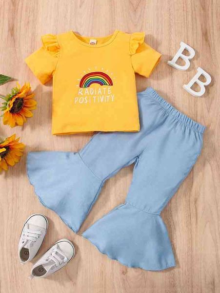baby rainbow and letter graphic ruffle trim tee & flare leg pants she, White 
baby rainbow and letter graphic ruffle trim tee & flare leg pants she, White