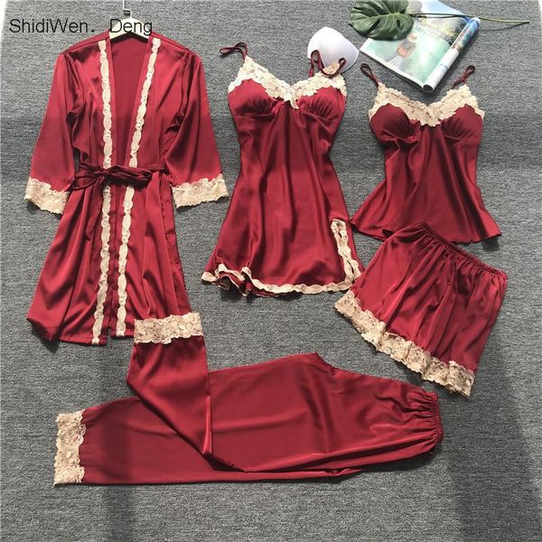women's sleepwear pajamas nightdress 5pcs sets korean sling robe nightwear home clothes with chest pads nightgown thin, Black;red
women's sleepwear pajamas nightdress 5pcs sets korean sling robe nightwear home clothes with chest pads nightgown thin, Black;red