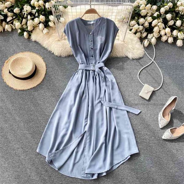long shirt dress for women button up o neck sleeveless with sashes korean midi dresses summer red blue black 210607, Black;gray
long shirt dress for women button up o neck sleeveless with sashes korean midi dresses summer red blue black 210607, Black;gray