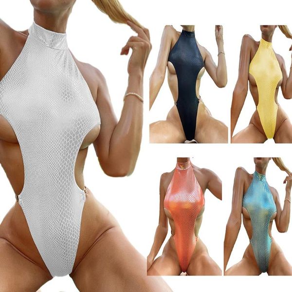 women one-piece halter bikini reflective shiny snakeskin print monokini cutout waist solid color swimsuit high cut thong
women one-piece halter bikini reflective shiny snakeskin print monokini cutout waist solid color swimsuit high cut thong