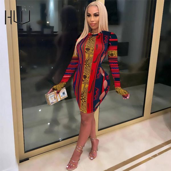 casual dresses slim short mini bodycon dress with ripped holes long sleeve vestidos geometric printed side hollow out fitness women clothes, Black;gray