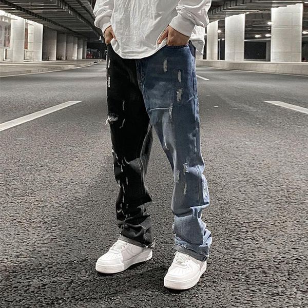color block hole washed high street jeans for men straight retro frayed casual denim pants harajuku baggy oversize trousers, Blue
color block hole washed high street jeans for men straight retro frayed casual denim pants harajuku baggy oversize trousers, Blue