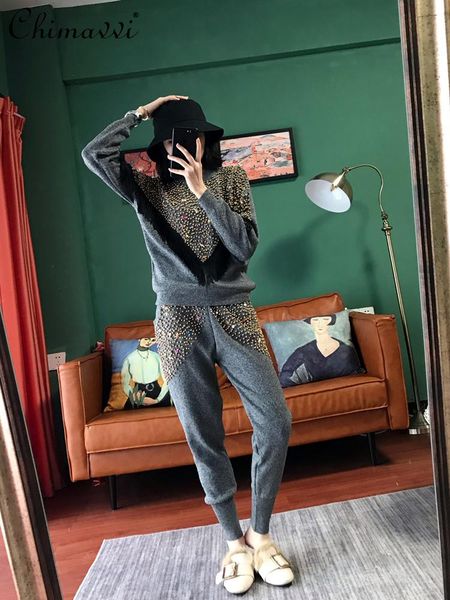 women's two piece pants fashion outfit 2021 fall clothes heavy tassel bead pullover sweater trousers temperament knitted two-piece set, White
women's two piece pants fashion outfit 2021 fall clothes heavy tassel bead pullover sweater trousers temperament knitted two-piece set, White