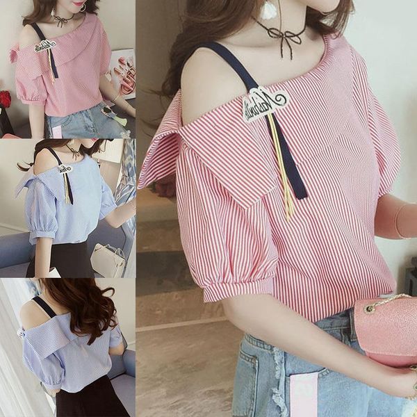 women's t-shirt women striped off shoulder short sleeve office party street sal99, White
women's t-shirt women striped off shoulder short sleeve office party street sal99, White