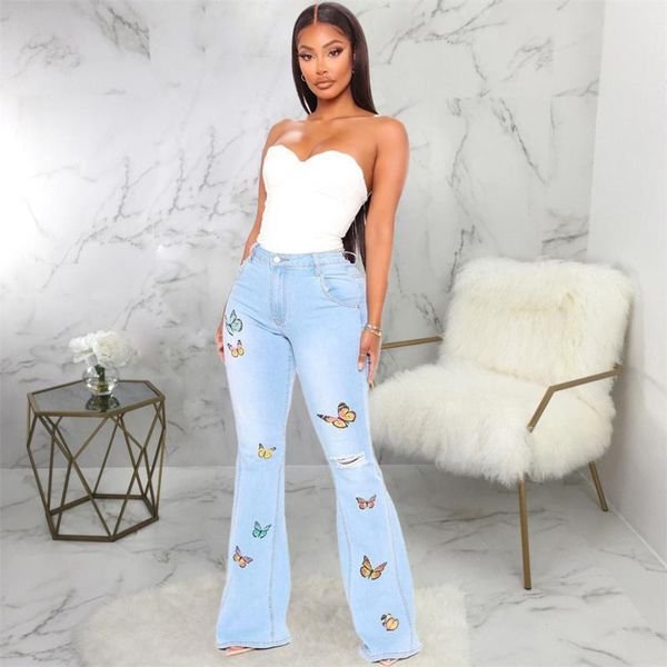 women's jeans butterfly embroidery women hole flare denim pants solid summer streetwear high waist casual zipper trousers, Blue
women's jeans butterfly embroidery women hole flare denim pants solid summer streetwear high waist casual zipper trousers, Blue