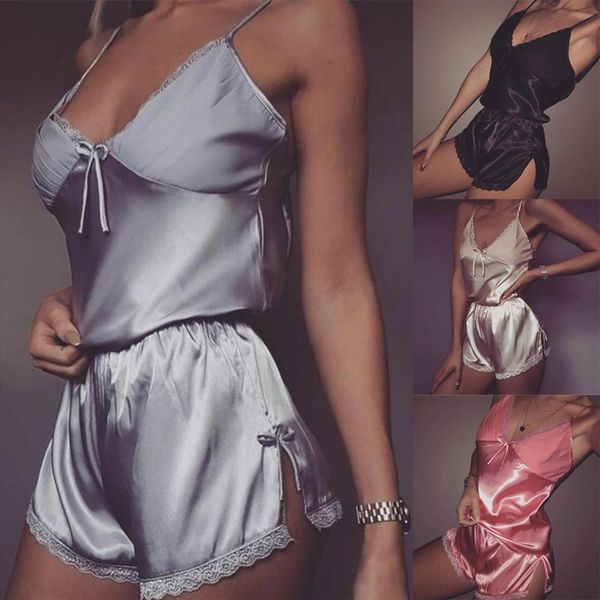 summer solid color women sleepwear silk satin set white lace v neck pyjamas sleeveless cute cami and shorts, Black;red
summer solid color women sleepwear silk satin set white lace v neck pyjamas sleeveless cute cami and shorts, Black;red