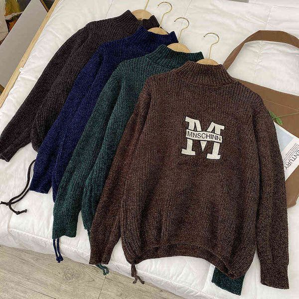 women's sweaters korean embroidered letter chenille sweater high neck loose korean lazy wind drawstring knitted women, White;black
women's sweaters korean embroidered letter chenille sweater high neck loose korean lazy wind drawstring knitted women, White;black