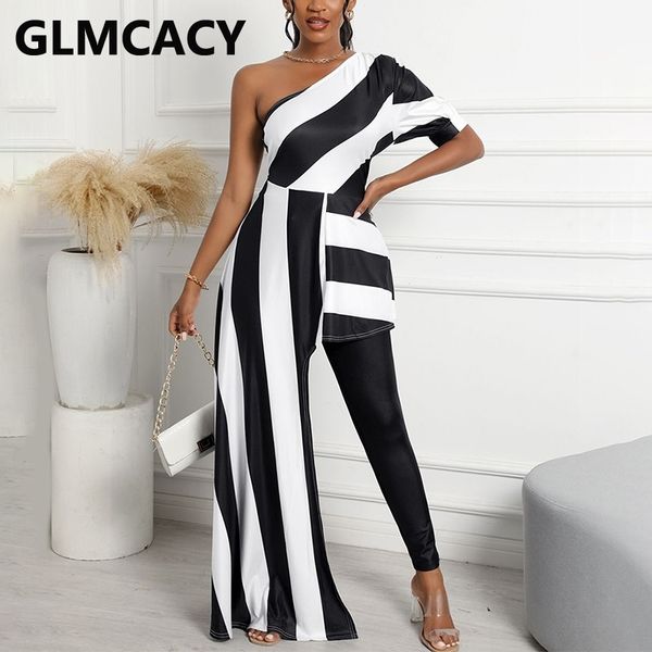 one shoulder striped slim playsuit elegant runway rompers 210702, Black;white 
one shoulder striped slim playsuit elegant runway rompers 210702, Black;white
