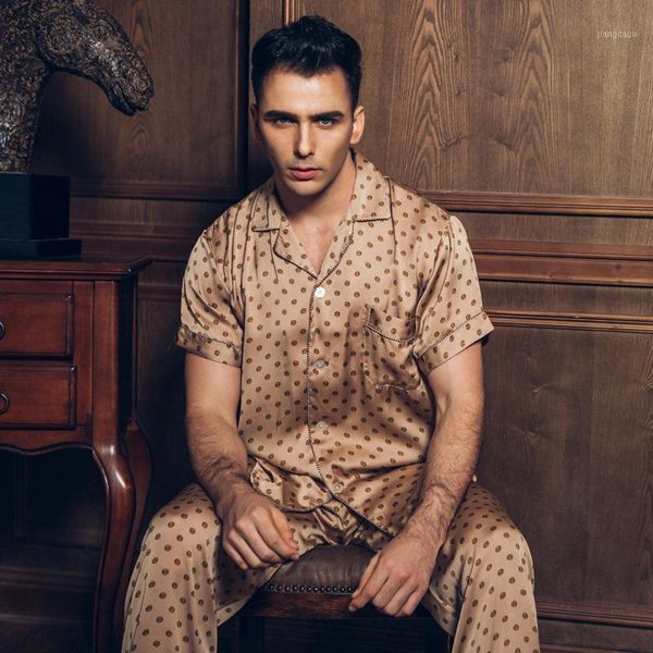 men's sleepwear 2pc summer classic silk satin pajama set male short sleeve button down shirt with elastic waist pants loungewear, Black;brown
men's sleepwear 2pc summer classic silk satin pajama set male short sleeve button down shirt with elastic waist pants loungewear, Black;brown