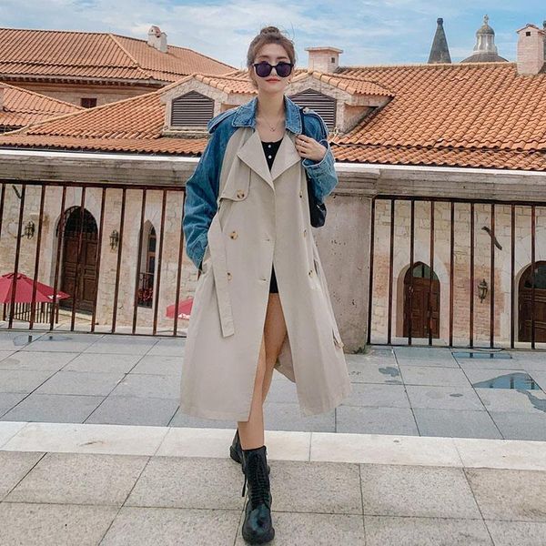 women's trench coats 2021 autumn ladies denim stitching mid-length windbreaker fashion lapel belt waist double breasted coat outerwear, Tan;black
women's trench coats 2021 autumn ladies denim stitching mid-length windbreaker fashion lapel belt waist double breasted coat outerwear, Tan;black