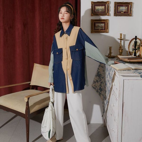 2021 new autumn color block denim shirt women patchwork oversized loose and blouse fall korean fashion clothing mudn, White
2021 new autumn color block denim shirt women patchwork oversized loose and blouse fall korean fashion clothing mudn, White