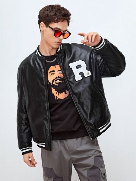 men letter patch detail drop shoulder striped trim pu leather bomber jacket q3vk#, Black;brown
men letter patch detail drop shoulder striped trim pu leather bomber jacket q3vk#, Black;brown