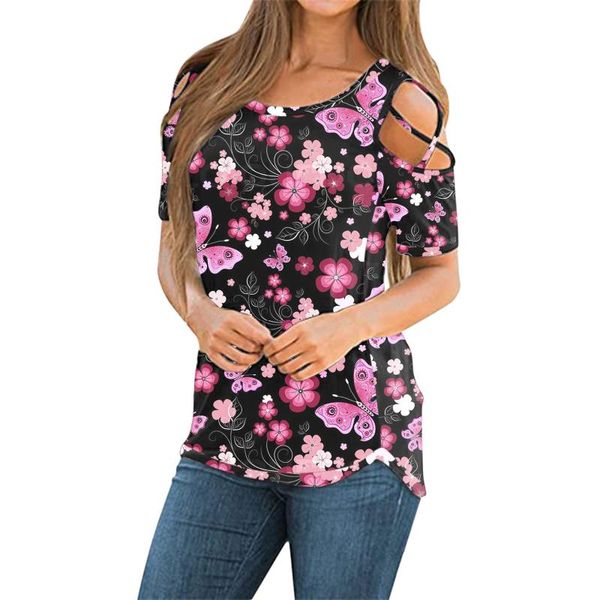 women's t-shirt women fashionable with o-neck floral leaves printed short sleeves strappy cold drop shoulder camisetas de mujer, White
women's t-shirt women fashionable with o-neck floral leaves printed short sleeves strappy cold drop shoulder camisetas de mujer, White