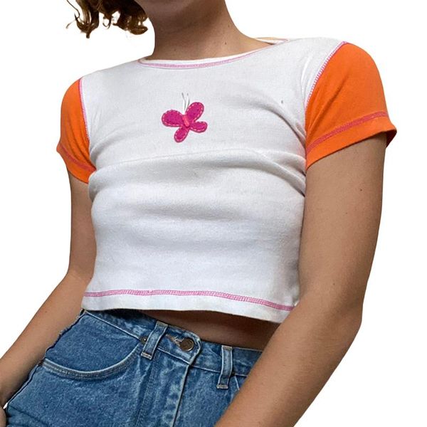 women's t-shirt ladies summer color matching t-shirt, butterfly embroidery round collar short sleeve midriff-baring slim base shirt, White
women's t-shirt ladies summer color matching t-shirt, butterfly embroidery round collar short sleeve midriff-baring slim base shirt, White