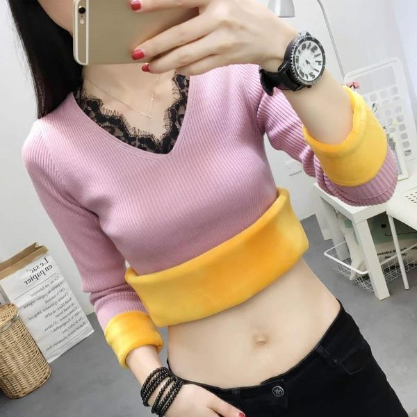 women's sweaters fleece sweater women lace stitching v-neck autumn winter clothes thicken bottoming plus velvet knitted warm pullover c, White;black 
women's sweaters fleece sweater women lace stitching v-neck autumn winter clothes thicken bottoming plus velvet knitted warm pullover c, White;black