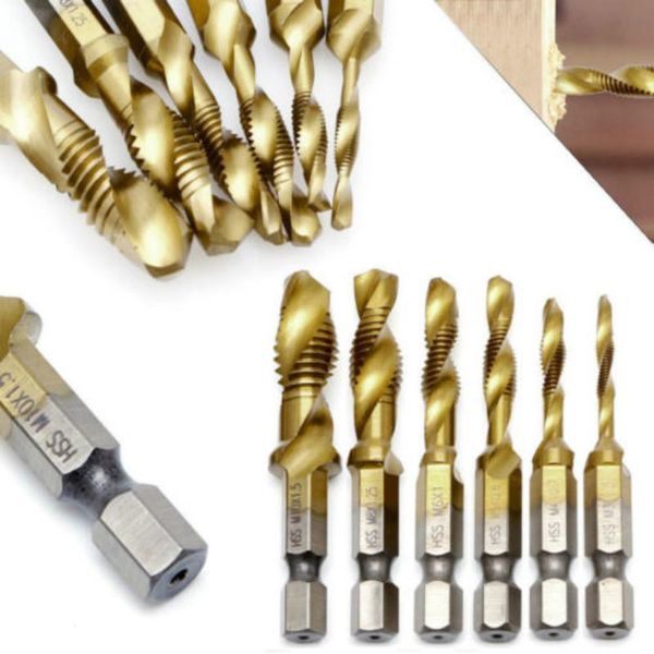hand tools hss tap woodworking metric combination drill bit 6pcs m3-m10 hex shank titanium plated screw thread bits
hand tools hss tap woodworking metric combination drill bit 6pcs m3-m10 hex shank titanium plated screw thread bits