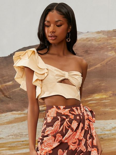 newness solid ruched bust cutout one shoulder crop y9pz#, White