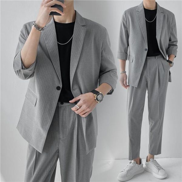 men's suits & blazers male dress wedding men 2pcs stripe sets korean streetwear loose casual 3/4 sleeve jacket ankle-length pants, White;black
men's suits & blazers male dress wedding men 2pcs stripe sets korean streetwear loose casual 3/4 sleeve jacket ankle-length pants, White;black