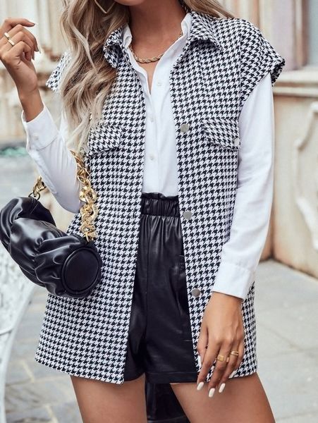 houndstooth flap detail single breasted vest overcoat n5g7#, Black