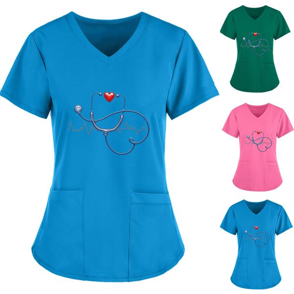 nurse nursing short clothes decorating on v uniform pocket printed blusa english language labor todx, White;black
nurse nursing short clothes decorating on v uniform pocket printed blusa english language labor todx, White;black