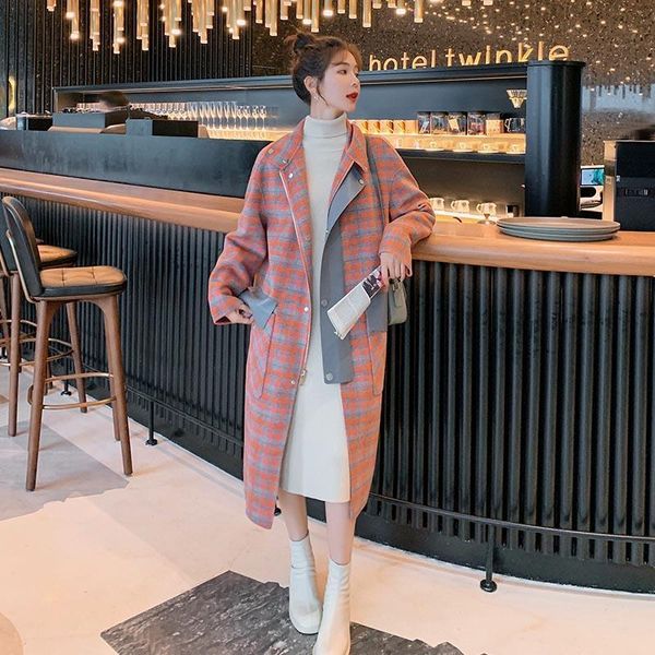 women's wool & blends orange plaid korean woolen coat winter long jacket female loose casual, Black
women's wool & blends orange plaid korean woolen coat winter long jacket female loose casual, Black