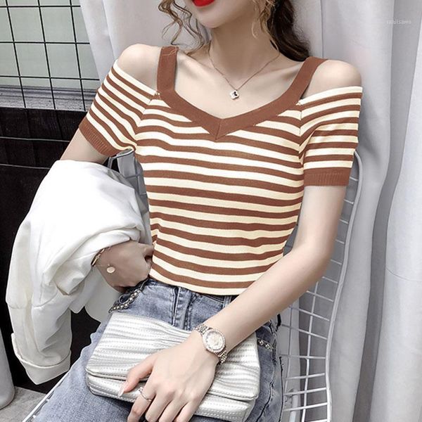 women's t-shirt ljsxls 2021 korean fashion v neck striped knitted t-shirts women summer short sleeve off shoulder tee shirt femme, White
women's t-shirt ljsxls 2021 korean fashion v neck striped knitted t-shirts women summer short sleeve off shoulder tee shirt femme, White