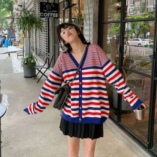 design sense color stripe v-neck knitted cardigan women's 2021 early autumn new hong kong style loose casual sweater coat, White
design sense color stripe v-neck knitted cardigan women's 2021 early autumn new hong kong style loose casual sweater coat, White