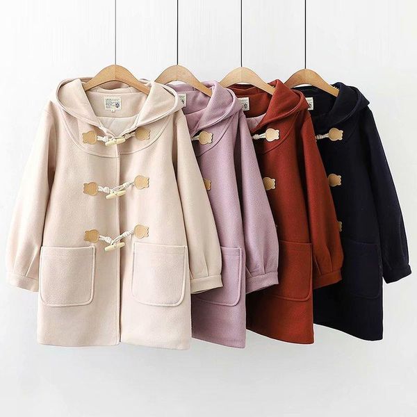 women's wool & blends hstar japanese solid 2021 winter preppy style hooded long sleeve horn buckle coat padded warm pocket sweet woolen, Black
women's wool & blends hstar japanese solid 2021 winter preppy style hooded long sleeve horn buckle coat padded warm pocket sweet woolen, Black