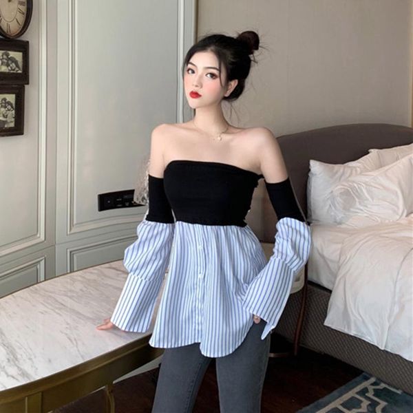women's blouses & shirts blouse one-shoulder sense summer 2021 thin chic hong kong style stripe splicing women tee flared sl, White
women's blouses & shirts blouse one-shoulder sense summer 2021 thin chic hong kong style stripe splicing women tee flared sl, White