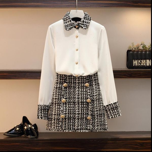 l 4xl oversize fashion women 2 piece set autumn white chiffon patchwork tweed tassel shirt button woolen pencil skirt set, Gray
l 4xl oversize fashion women 2 piece set autumn white chiffon patchwork tweed tassel shirt button woolen pencil skirt set, Gray
