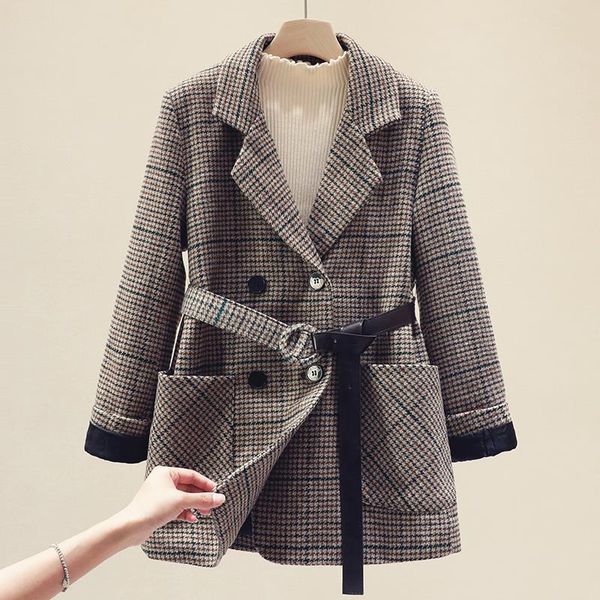 women's wool & blends 2021 autumn winter jacket plaid coat vintage double breasted woolen with belt blazer outerwear b667, Black
women's wool & blends 2021 autumn winter jacket plaid coat vintage double breasted woolen with belt blazer outerwear b667, Black