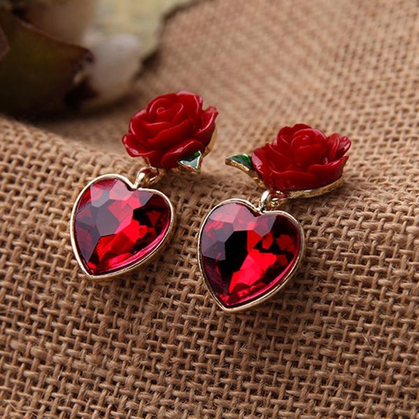 stud bohemia fine jewelry red heart pendant rose earring female fashion accessories crystals bridal, Golden;silver 
stud bohemia fine jewelry red heart pendant rose earring female fashion accessories crystals bridal, Golden;silver