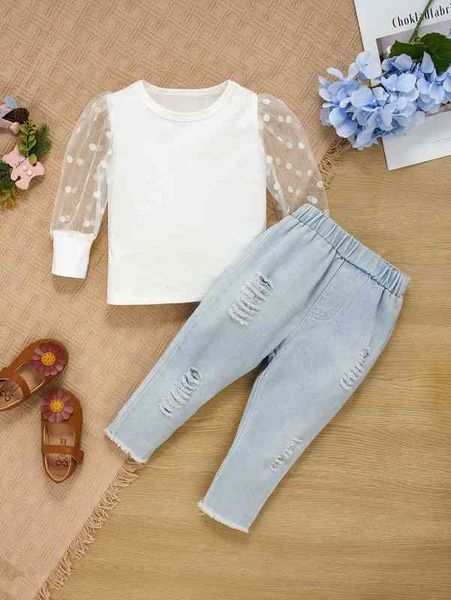 baby dobby mesh panel & ripped raw cut jeans she, Blue